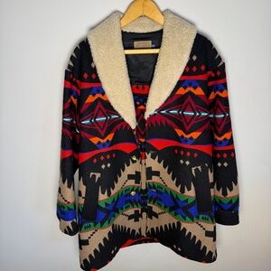 Pendleton Vtg High Grade Western Wear Wool Aztec Sherpa Collar Coat | 42